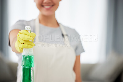 Buy stock photo Bottle, cleaning spray and woman with gloves to clean house, surface or job working with washing detergent. Cleaner, service and apartment maintenance with a maid, helper or worker with products