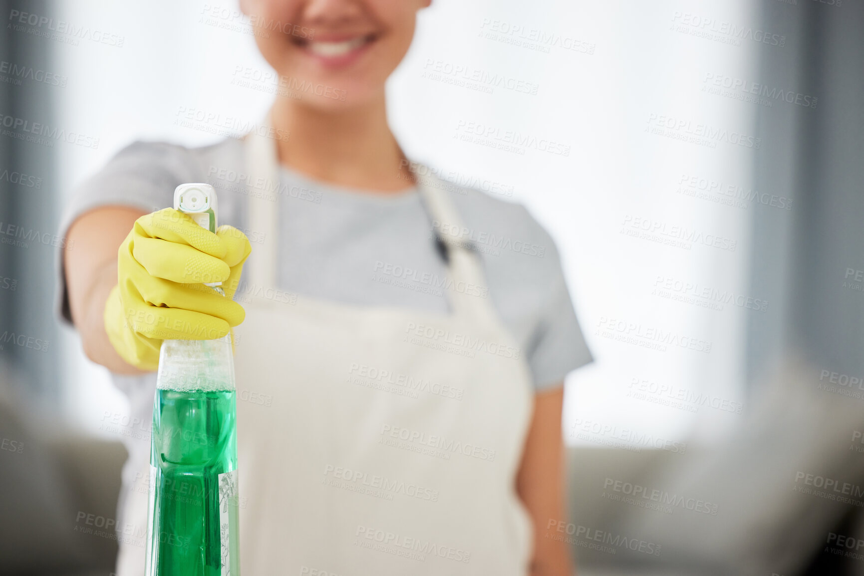 Buy stock photo Bottle, cleaning spray and woman with gloves to clean house, surface or job working with washing detergent. Cleaner, service and apartment maintenance with a maid, helper or worker with products