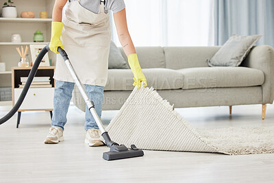 Buy stock photo Carpet, person and vacuum with cleaner, home and remove dust for hygiene, bacteria and lounge. Dirt, worker and maid with cleaning equipment, mat and apartment with housekeeping and spring cleaning