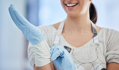 Buy stock photo Woman, hands and housekeeper with gloves for cleaning, hygiene or home maintenance. Hand of female person or cleaner getting ready with rubber glove for sanitize, safety and bacteria or germ removal