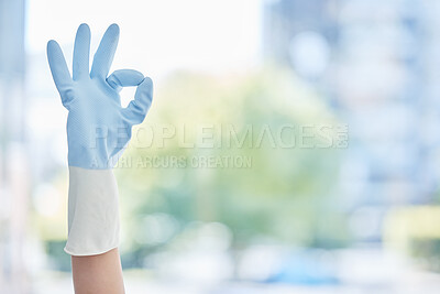 Buy stock photo Hands, housekeeper and gloves with okay sign for cleaning, hygiene or home maintenance. Hand of person or cleaner with ok symbol, gesture and rubber glove for precise, perfect or bacteria free house