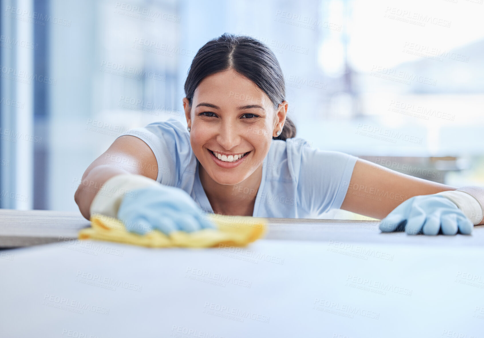 Buy stock photo Cloth, tablet and portrait of happy woman cleaning apartment, home our house for dirt or bacteria. Hygiene, dust and product with face of person for furniture maintenance or shine in living room