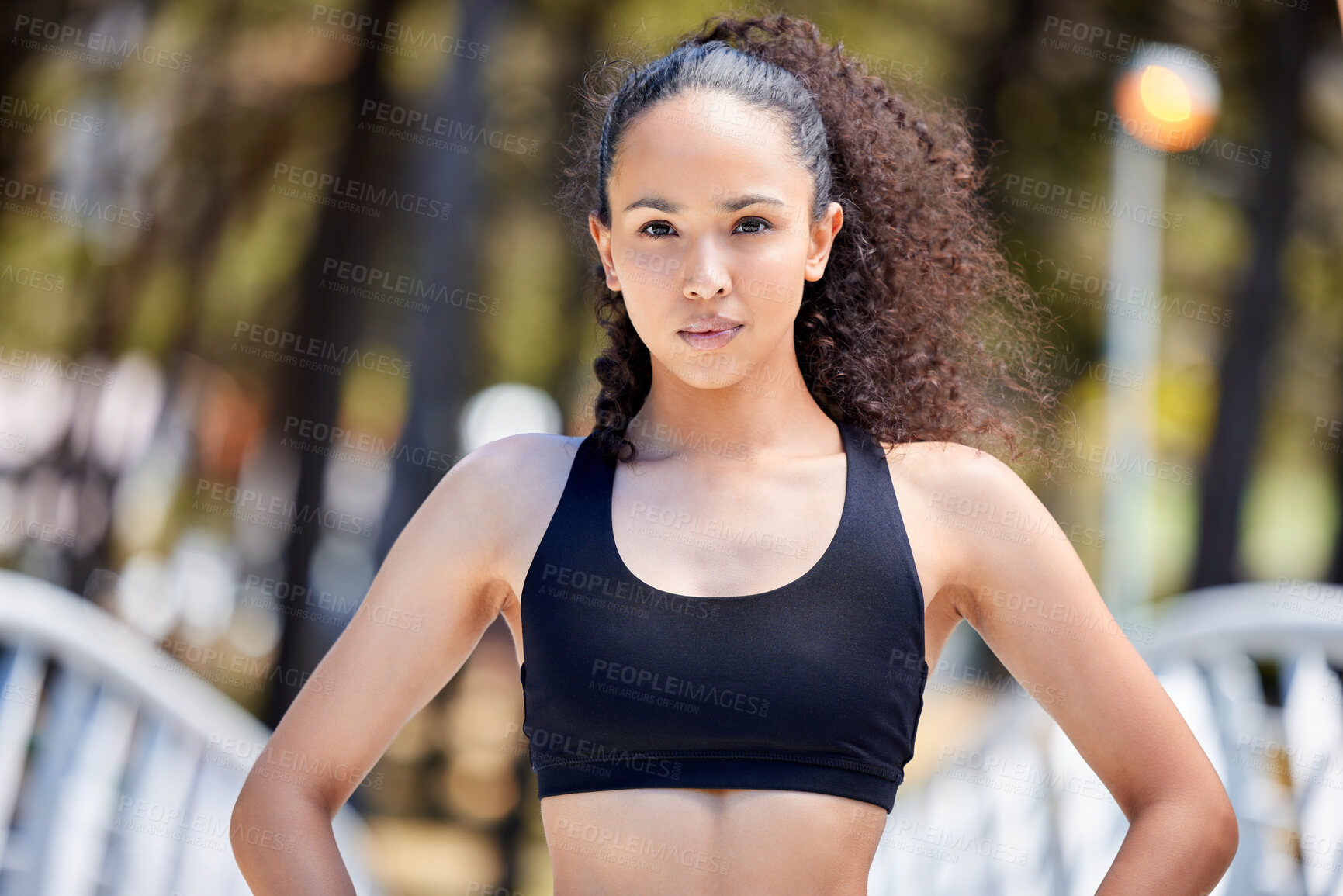 Buy stock photo Portrait, fitness and serious woman outdoor for workout, training and exercise. Face, determined and female athlete from Brazil with motivation to start running, sports and exercising for wellness.