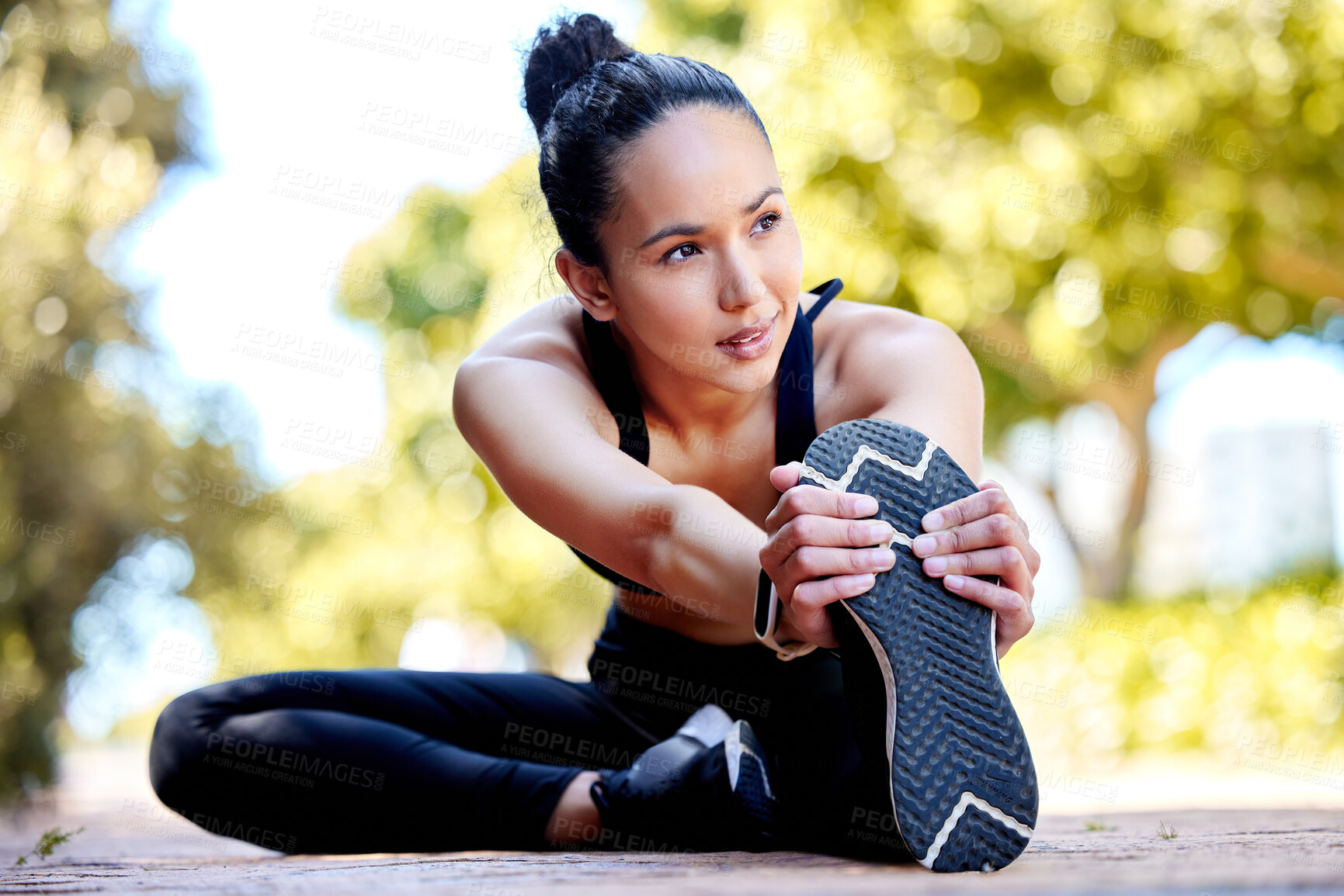 Buy stock photo Stretching legs, fitness and woman outdoor for health, exercise and wellness. Sports, leg and female athlete stretch, warm up body or get ready to start workout, training or running, cardio or jog.
