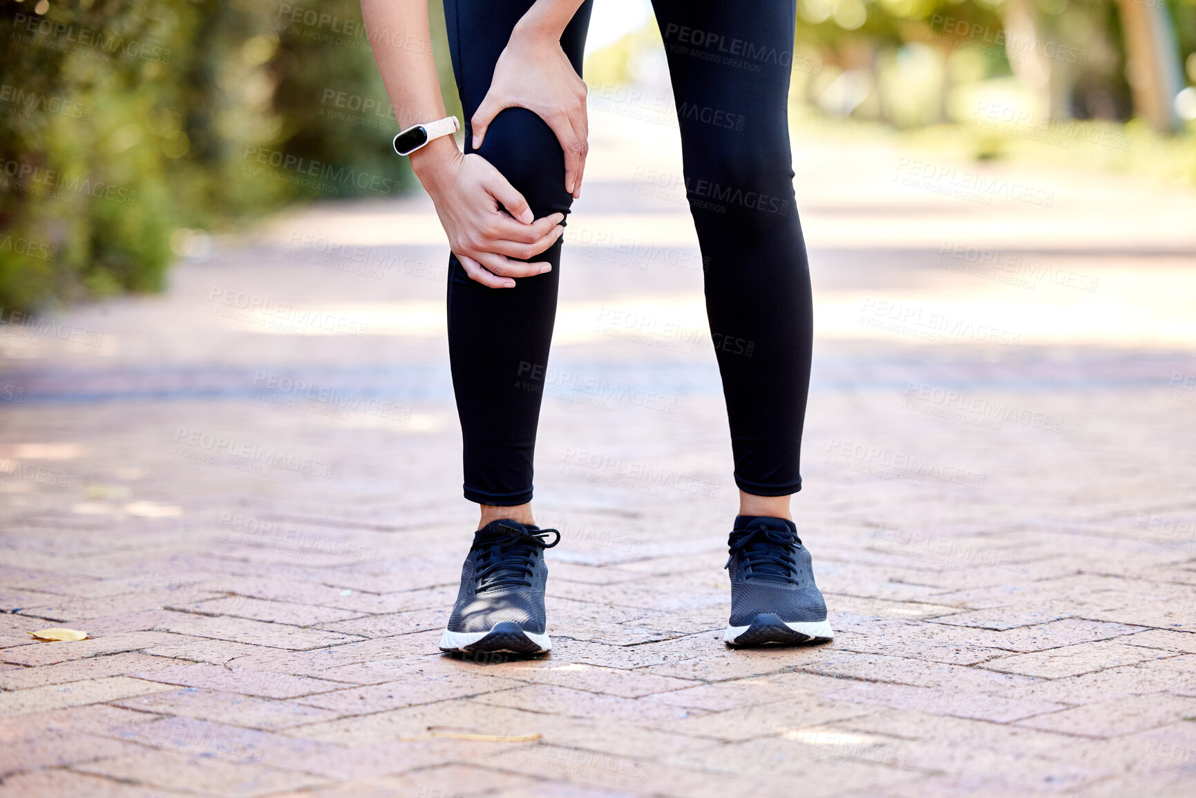 Buy stock photo Closeup, outdoor and woman with exercise, knee pain and workout with health issue, muscle strain and inflammation. Zoom, female person and athlete outside, leg injury and training with broken bone