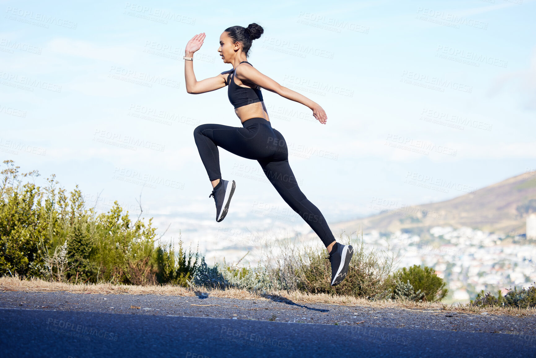 Buy stock photo Woman, fitness and running jump on mountain for exercise, workout or cardio training in nature. Fit, active and sport female person, athlete or runner jumping in sports motivation on mockup space