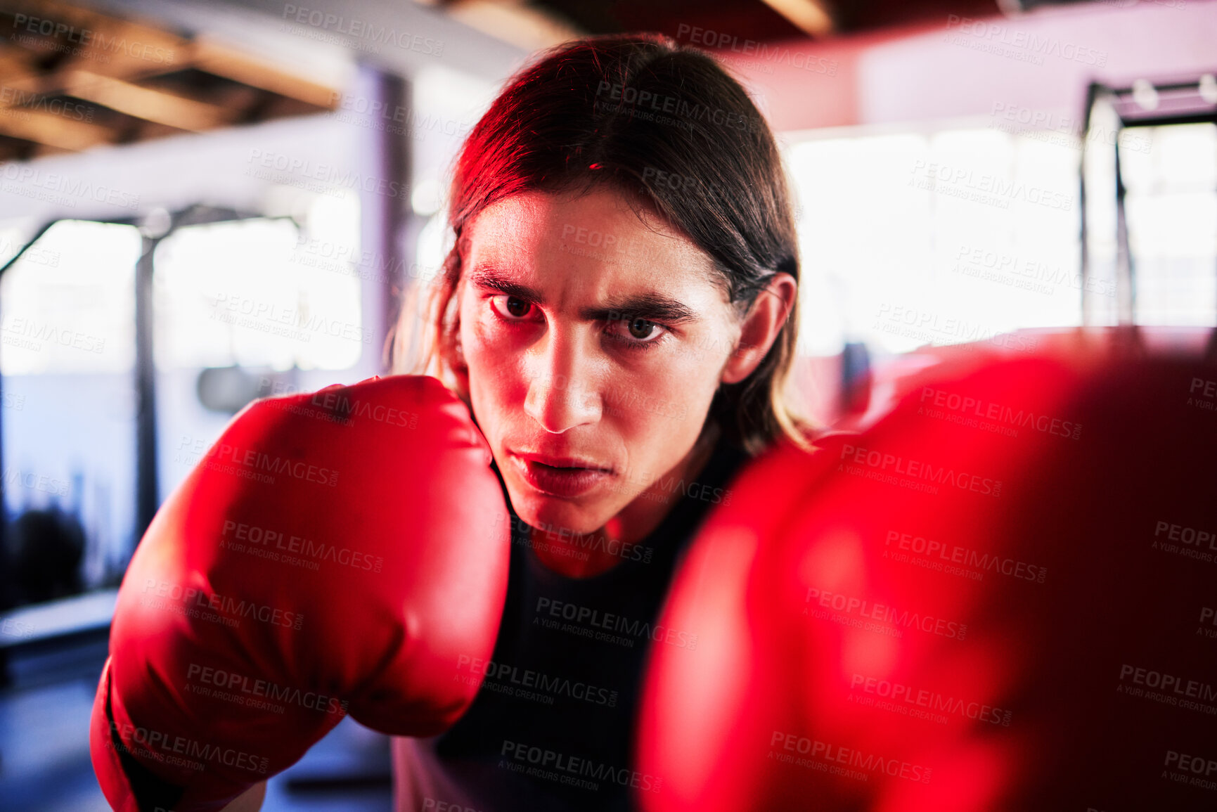 Buy stock photo Portrait, man and boxer in gym for workout, exercise or training for fight. Boxing sports, face and serious fitness athlete punch for mma challenge, competition or exercising for martial arts power.