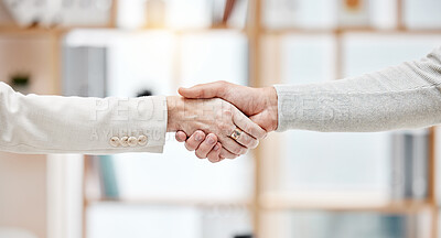Buy stock photo Thank you, business colleagues shaking hands and at workplace in an office. Partnership or welcome, interview or onboarding and coworkers with handshake for congratulations or success together