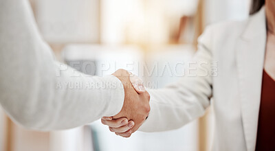 Two businesspeople shaking hands in a meeting at work. Business professionals greeting and making deals with each other. Boss hiring an employee