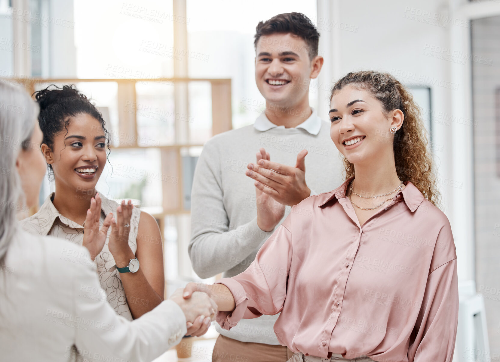 Buy stock photo Handshake, applause and business women in meeting success, celebration or boss thank you, onboarding or hiring. Clapping, mentorship and people shake hands in achievement, thanks or project promotion