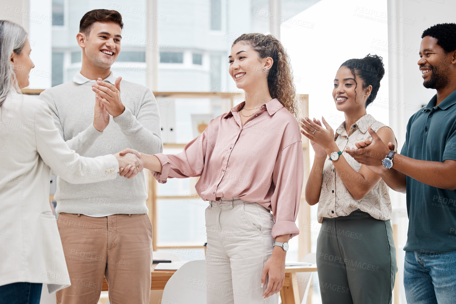 Buy stock photo Handshake, clapping and business women in meeting success, celebration or CEO thank you, onboarding or hiring. Applause, mentorship and people shake hands in achievement, thanks and project promotion