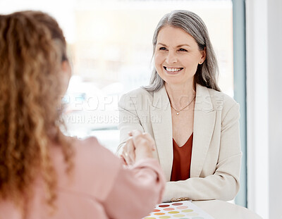 Buy stock photo Handshake, business meeting and woman at creative agency for partnership, thank you or b2b success. People, clients or manager shaking hands in design deal, thanks and agreement or project onboarding
