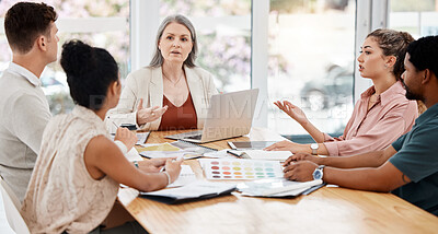 Buy stock photo Business meeting, people and manager color choice for website design, brand development and documents proposal. Talking, computer and graphic designer, creative agency and woman in webdesign process