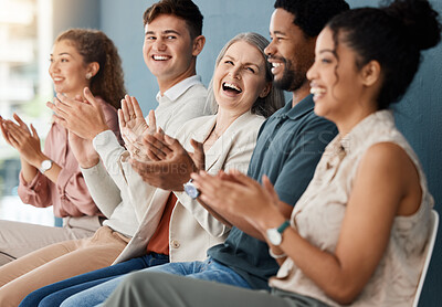 Buy stock photo Diversity, audience clapping and in a meeting together for success at modern workplace office. Achievement or happiness, celebration or support and happy colleagues with applause at their work