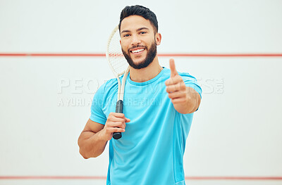 Buy stock photo Portrait of squash player showing thumbs up sign and symbol before playing court game with copyspace. Smiling fit active hispanic athlete standing and feeling excited. Ready for training practice