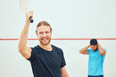 Buy stock photo Young athletic squash player winning after playing opponent in competitive court game. Fit active caucasian athlete celebrating success after training challenge in sports centre. Smiling sporty man