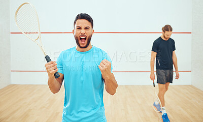 Buy stock photo Young athletic squash player winning after playing opponent in competitive court game. Fit active mixed race athlete celebrating success after training challenge in sports centre. Excited sporty man
