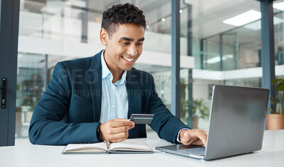 Buy stock photo Credit card, business man and laptop with online banking, payment and ecommerce store. Office, male professional and smile of a corporate worker with web shopping on an internet retail shop at work