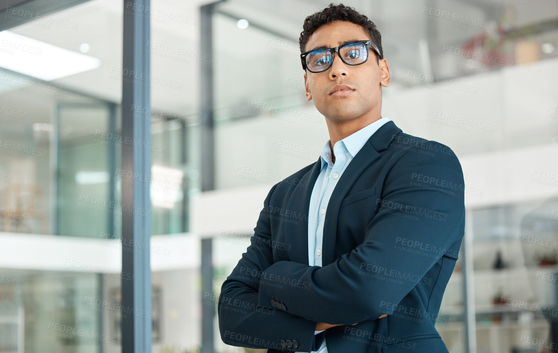 Buy stock photo Business man, serious portrait and arms crossed with startup and company ceo in a office. Vision, professional and expert with boss confidence and corporate focus ready for working as a executive