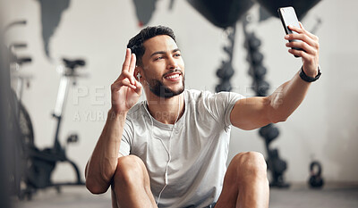 Buy stock photo Man, gym and selfie with happiness for exercise with motivation and wellness with peace sign. Male person, training and video call for a workout for sports and conversation with smile at a club.
