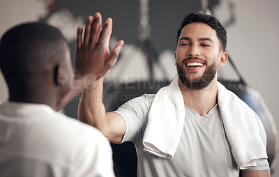 Buy stock photo Fitness, people with high five and at gym for exercise or training happy for support. Teamwork or collaboration, partnership or workout and men athletes with handshake for motivation or success