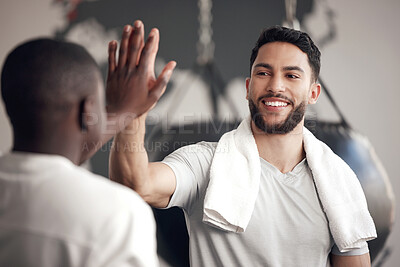 Buy stock photo Fitness, high five and men celebrate exercise, workout or training success or win. Happy male friends together at wellness gym for sport goals, power challenge or performance achievement with partner