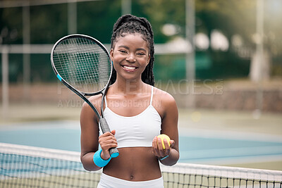 Buy stock photo Smiling tennis player holding a ball. African american girl ready for her tennis match at the club. Young woman holding her tennis ball and racket on the court. Girl ready for tennis practice