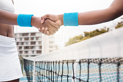 Buy stock photo Closeup on hands of tennis players greeting on the court. Hands of a tennis player greeting an opponent. African american professional tennis players collaborate after a tennis game