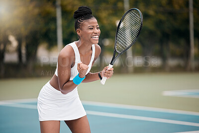 Buy stock photo Winner, celebrate and black woman excited, tennis and victory with fitness, happiness and sports. Female person, happy player or athlete on the court, game and exercise with workout goal and cheering