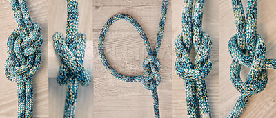 Above shot of hiking rope tied in different types of knots against a wooden background in studio. Figure 8 knot, slip and knot, glove hitch, bowline, square knot and double sheet bend. A knot for every situation