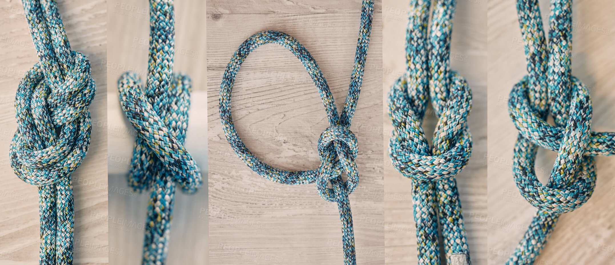 Buy stock photo Collage, rope and knot with different knots on a wooden background from above. Tied, tying and secure with ropes in studio for hiking, boating or keeping things safe and secure in studio