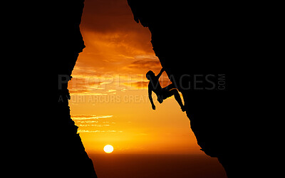 Buy stock photo Mountain silhouette, climbing rock and man training for fitness, cardio exercise in morning and freedom on holiday vacation in Switzerland. Dark orange sunset sky during athlete sports workout