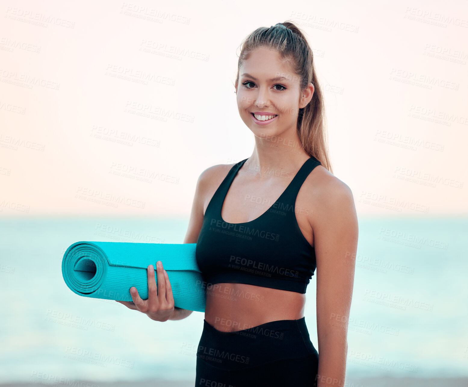 Buy stock photo Beach, yoga mat and portrait of woman outdoor for health, fitness and ocean mockup. Face, pilates and happy female athlete from Canada ready to start exercise, body workout or training at sunset.