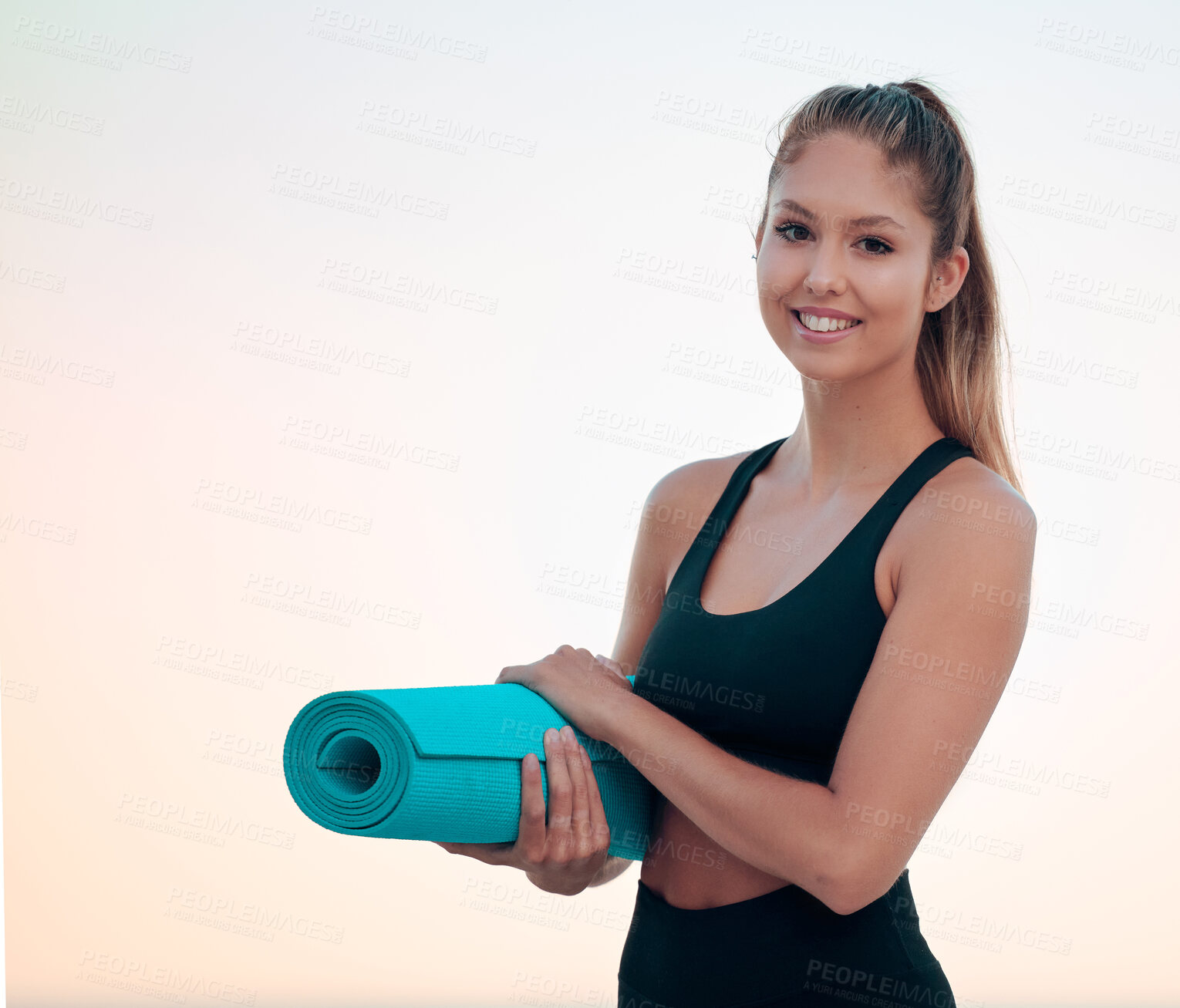 Buy stock photo Yoga mat, beach and portrait of woman, smile and outdoor for health, fitness and mockup. Face, pilates and happy female athlete from Canada ready to start exercise, workout or train at summer sunset.