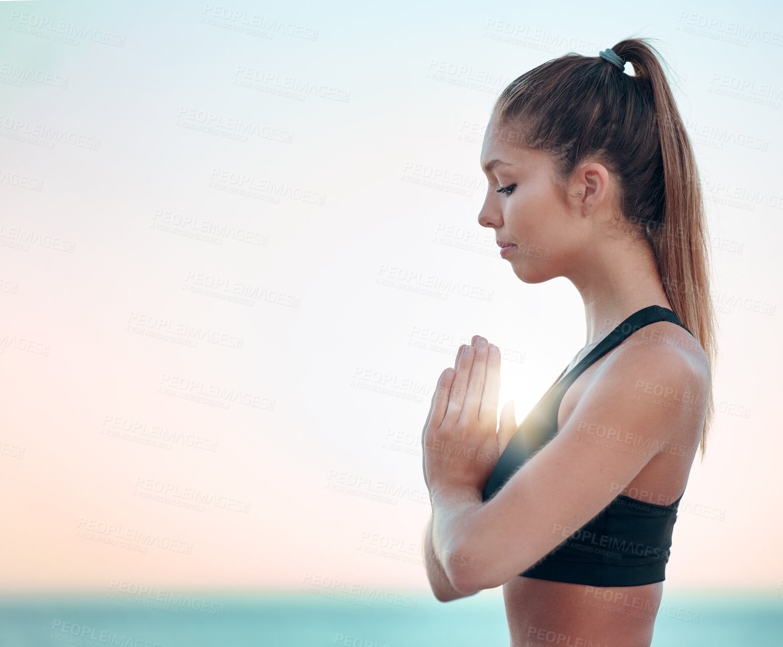 Buy stock photo Yoga, praying hands and woman sky mockup for spiritual wellness, holistic meditation and peace or outdoor health. Calm, faith and prayer sign or hope of young person meditate, namaste or zen at ocean