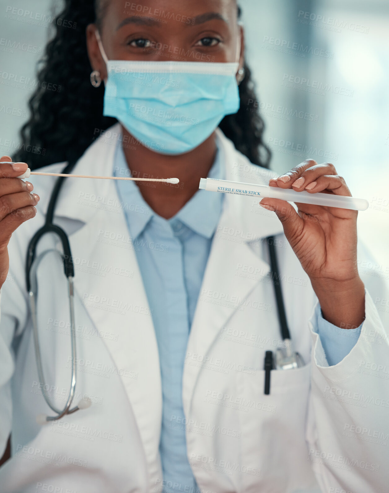 Buy stock photo Healthcare, woman doctor with face mask and sterile swab stick at a hospital,  Medical checkup, corona test and African female nurse with facial protection for covid or health wellness at a clinic