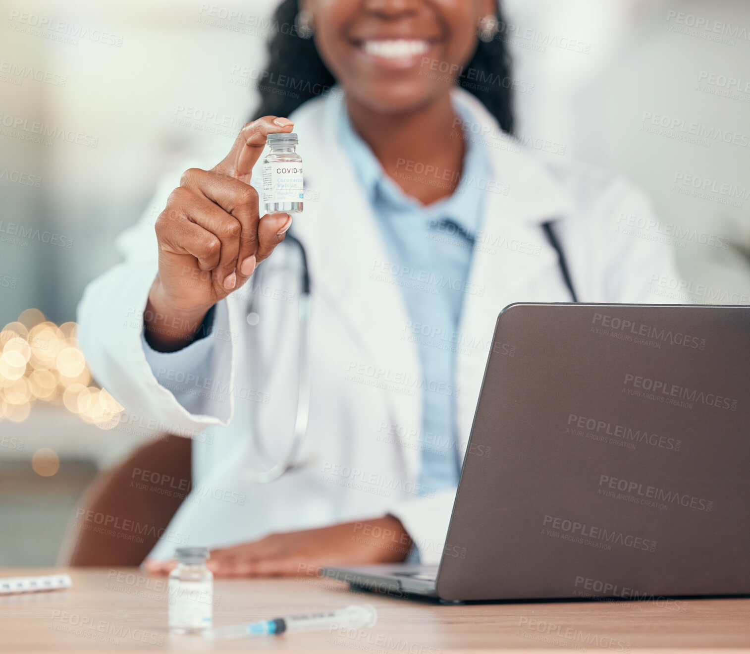 Buy stock photo Doctor hands, vaccine and black woman with covid vial for virus or corona. Bottle, medical professional and person with vaccination, medicine or pharmaceutical drugs for happy healthcare at hospital.