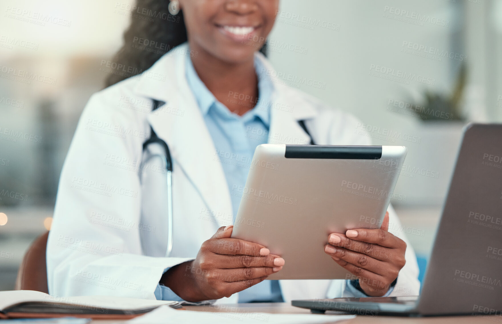 Buy stock photo Tablet, doctor hands and black woman with research, healthcare and telehealth in hospital. Technology, medical professional and person with wellness email, reading health info or online consultation.