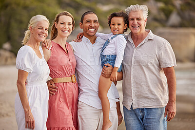 Buy stock photo Grandparents, children and beach in a portrait with happiness in cape town for vacation. Family, generation and holiday with a smile at the ocean for love, care and travel with adventure in sun.