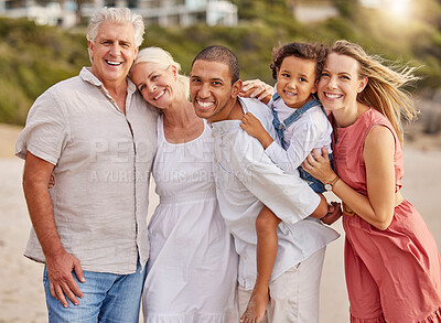 Buy stock photo Big family, portrait and child with happiness on the beach in cape town for travel with sunshine. Grandparents, vacation and kid with parents are happy in the outdoor for summer traveling with fun.