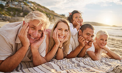 Buy stock photo Family, lying and beach with happiness in a portrait for a vacation in cape town with sunshine. Relaxing, generation and sand in the outdoor for a holiday with smile in summer for travel together.