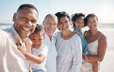 Buy stock photo Portrait of smiling mixed race family with little boy and girl taking selfie while standing together on beach. Adorable little son and daughter bonding with mother, father, grandmother and grandfather