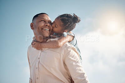 Buy stock photo Piggyback, family or children with a father and daughter outdoor in nature on a blue sky background for bonding. Kids, love or kiss with a man carrying his girl child on his back outside in summer