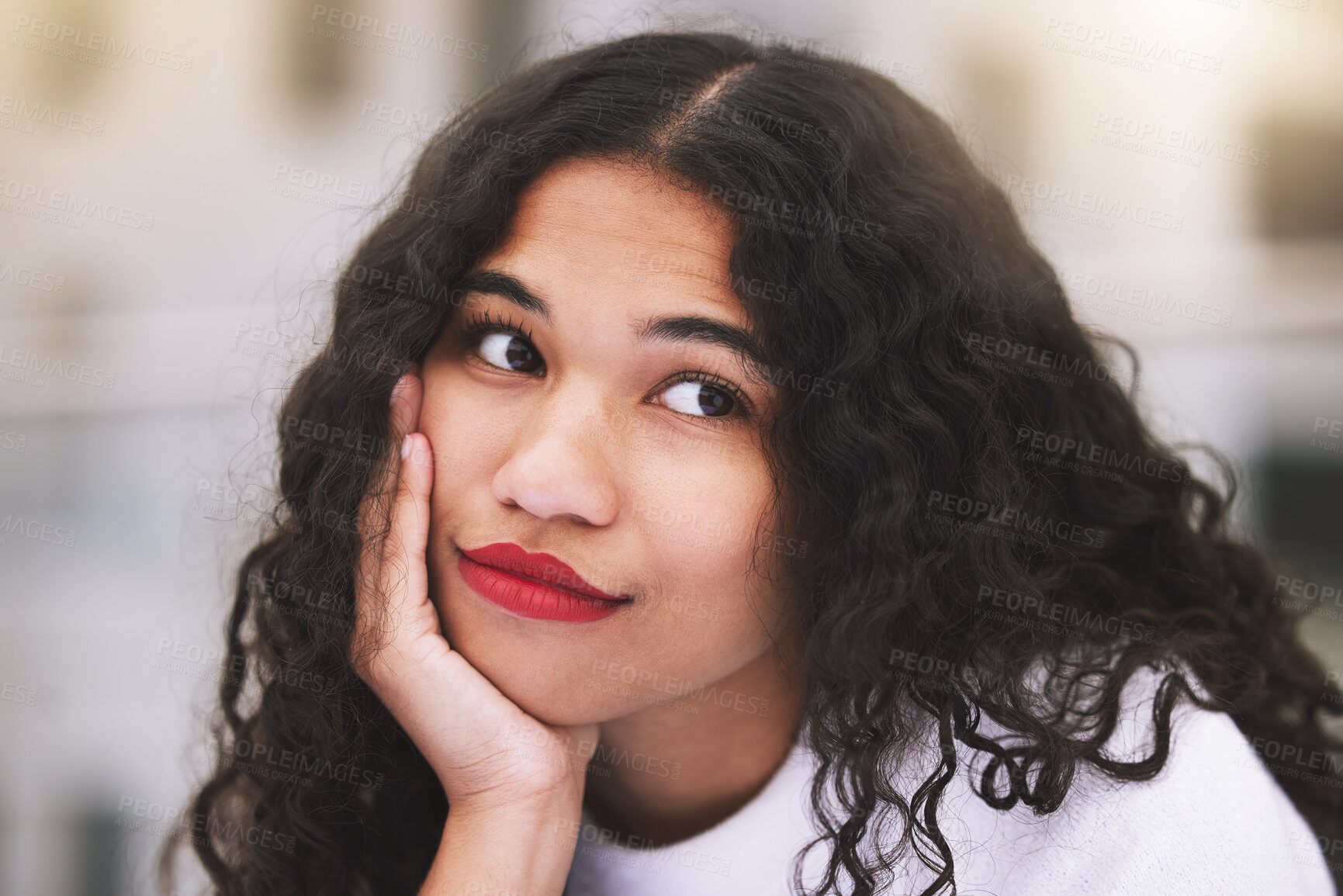 Buy stock photo Face, thinking and woman by woman relax against an urban background, waiting in the city. Young mexican female daydreaming and planning on fun things to do on a trip downtown, bored and carefree