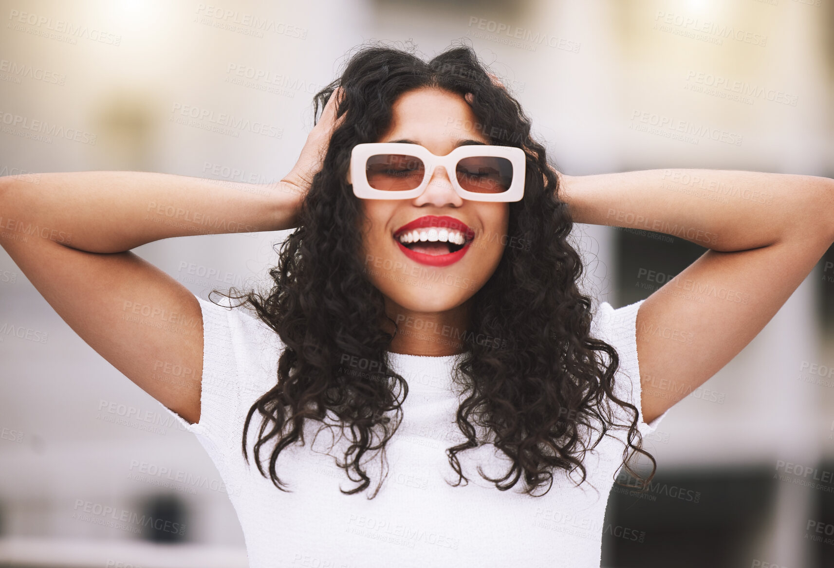 Buy stock photo Happy fashion, city smile and model with sunglasses during summer, smile for designer clothes and excited about weekend in the urban town. Trendy, cool and smiling girl with confidence downtown