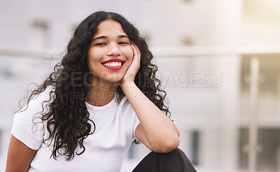 Buy stock photo Travel, student and free time with black girl in a city, relax and happy in summer outdoors. Portrait of a young african female enjoying freedom in urban town, smile and excited for abroad experience