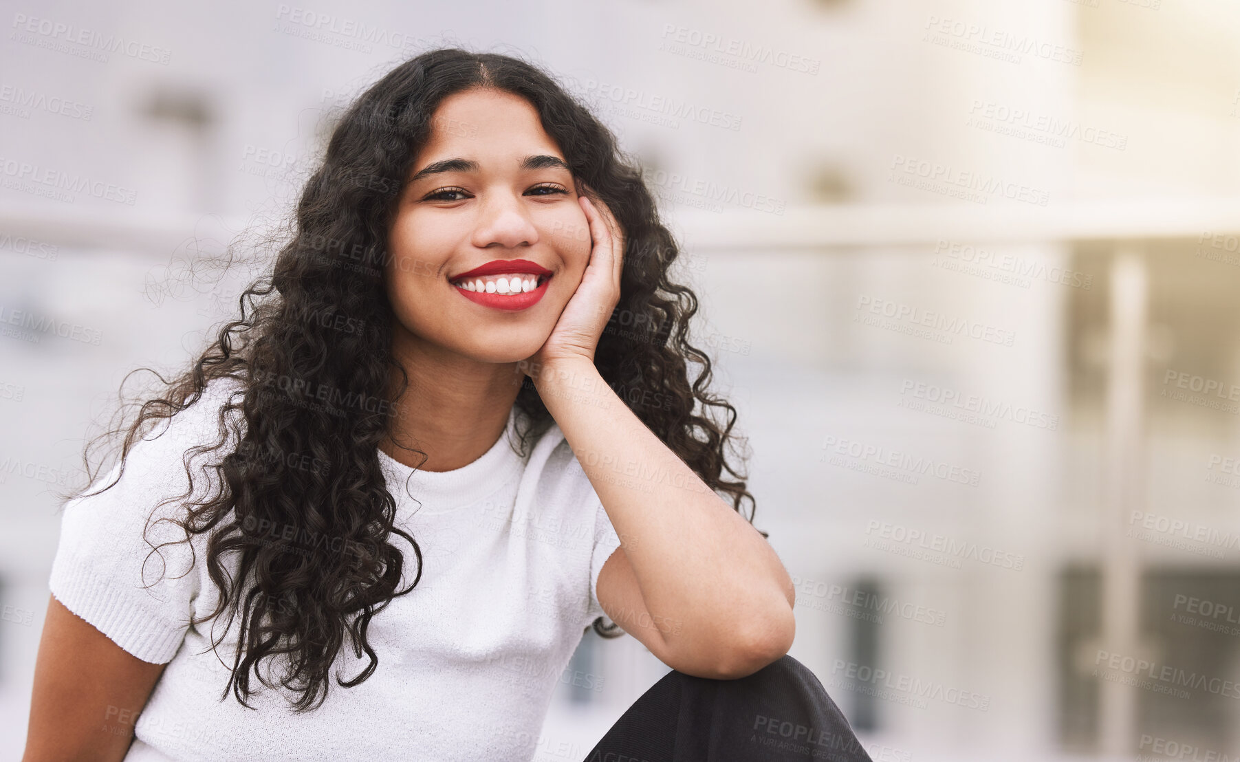 Buy stock photo Travel, student and free time with black girl in a city, relax and happy in summer outdoors. Portrait of a young african female enjoying freedom in urban town, smile and excited for abroad experience