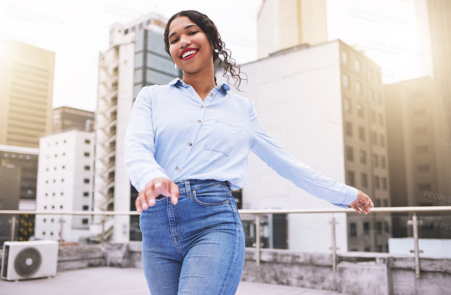 Buy stock photo Freedom, stye and happy woman in an urban city, having fun outdoors on the weekend alone. Portrait of a young female looking fashionable and feeling confident while spending her free time downtown 