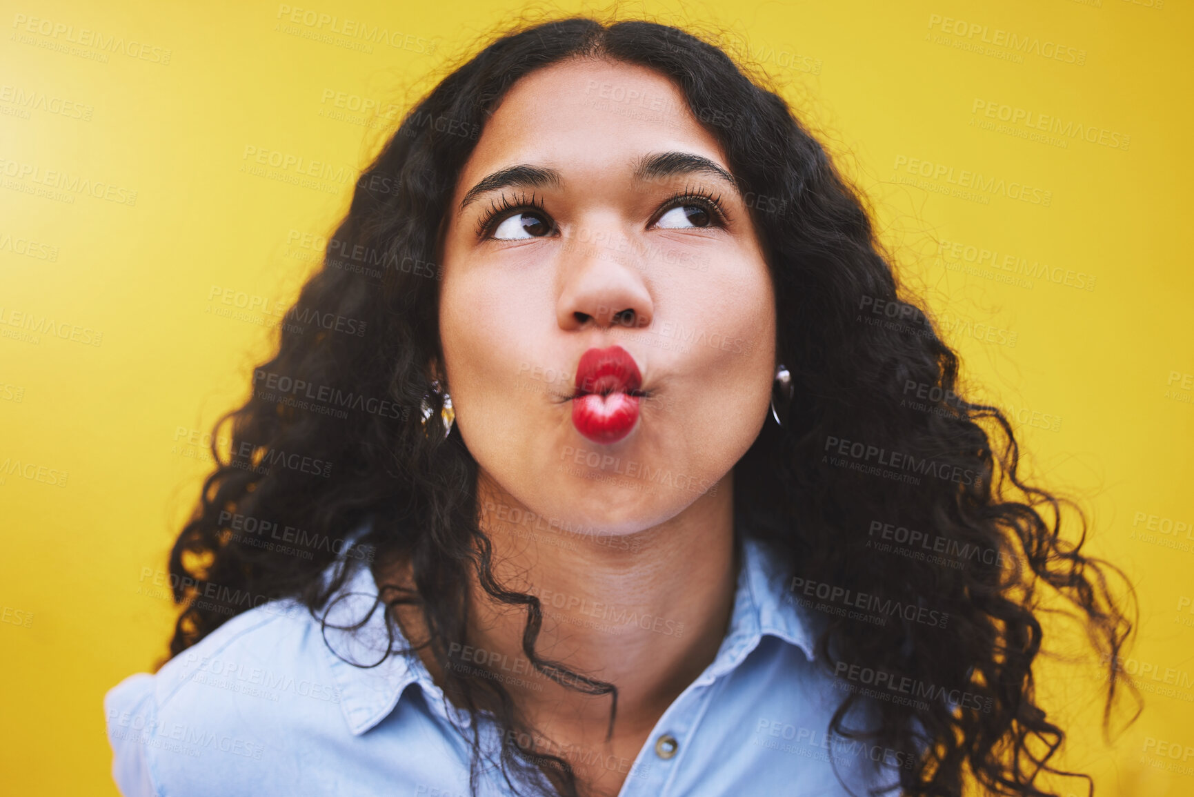 Buy stock photo Black woman lips in kiss, red cosmetic lipstick and face closeup on yellow background. Retro aesthetic, young fashion model with funky pose thinking with cool beauty makeup on bright studio wall