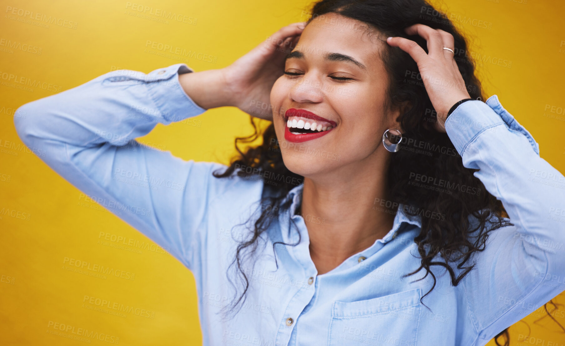 Buy stock photo Fashion model, happy smile and woman with luxurry designer clothes, love of hair care and happiness against yellow mockup studio background. Trendy and cool Brazilian girl with beauty makeup